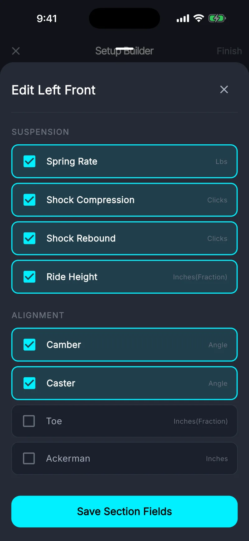 Field editor for the left front corner with suspension and alignment options