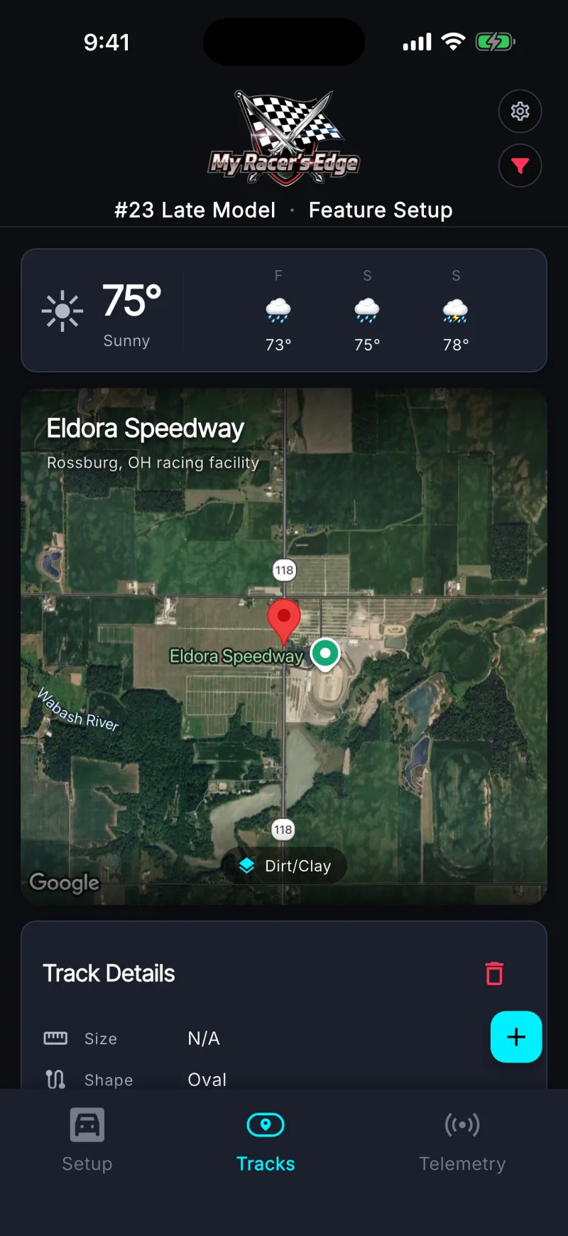 Track screen for Eldora Speedway with current weather, a three-day forecast and a satellite map